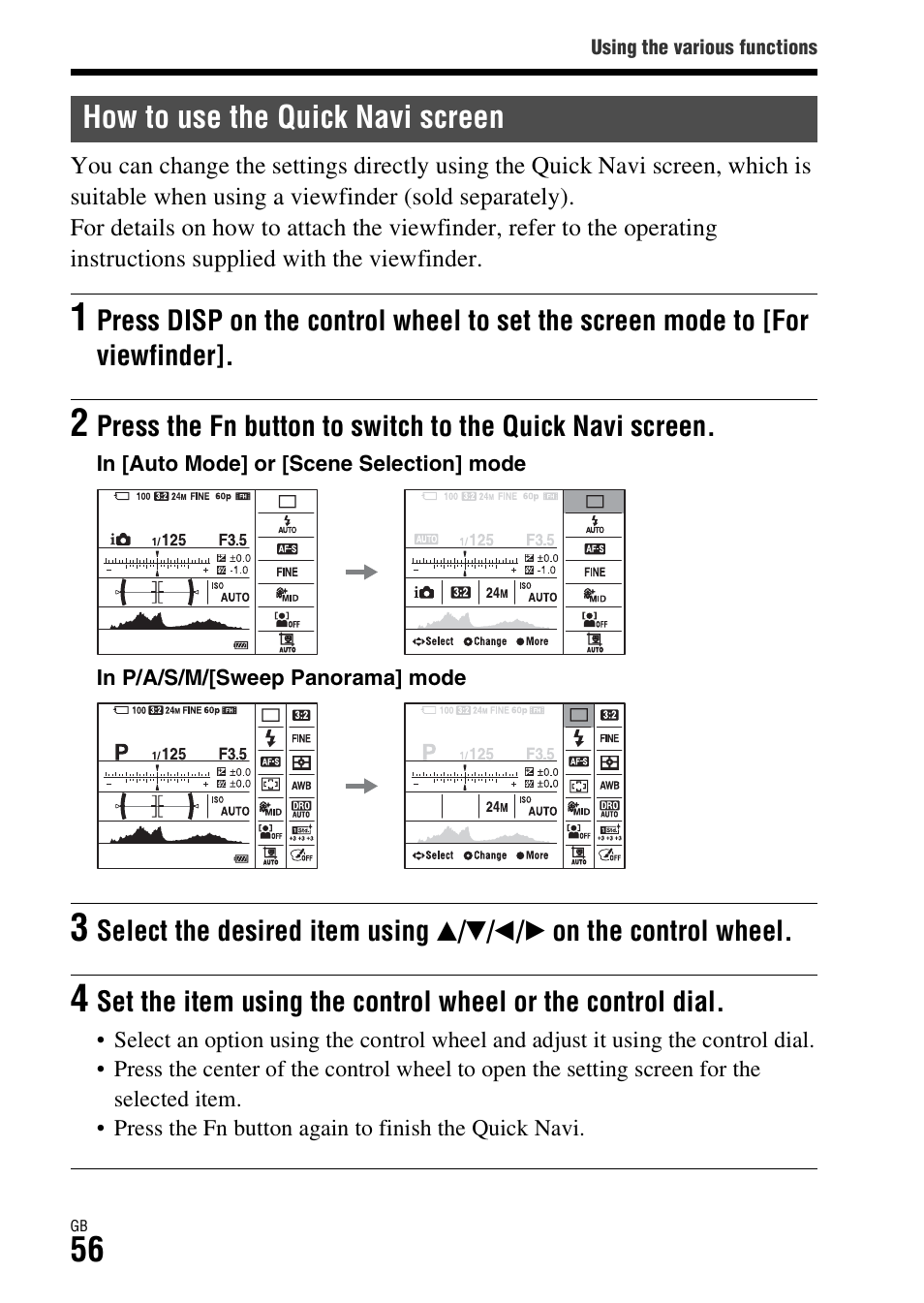 How to use the quick navi screen | Sony DSC-RX1R User Manual | Page 56 / 76