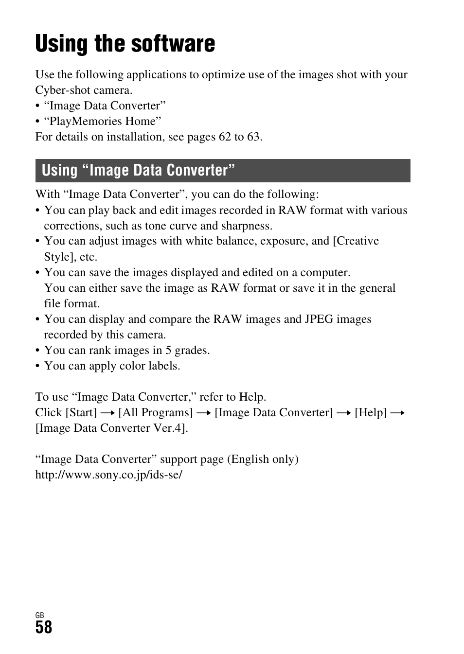 Viewing images on a computer, Using the software, Using “image data converter | Sony DSC-RX1R User Manual | Page 58 / 76