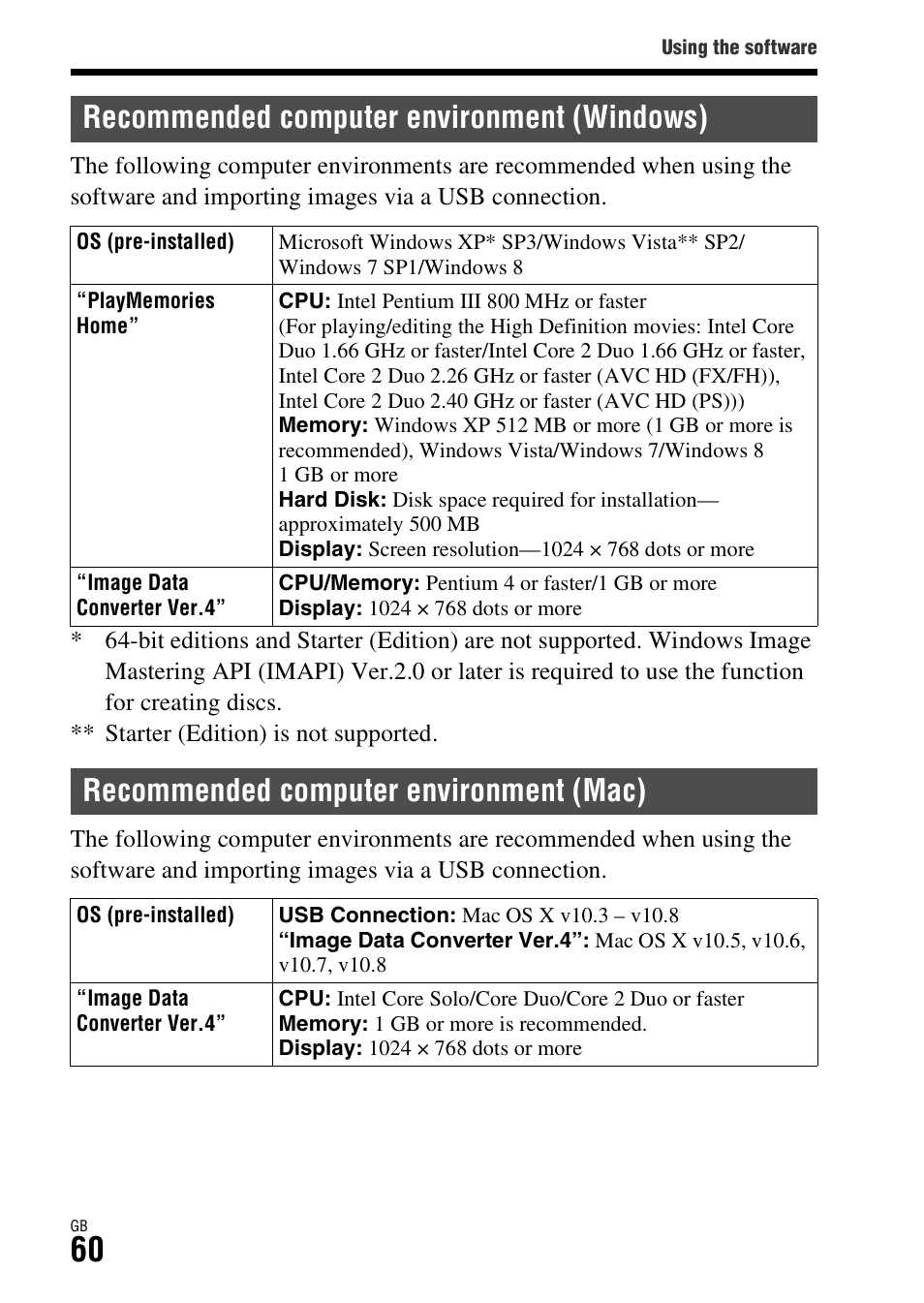 Recommended computer environment (windows), Recommended computer environment (mac) | Sony DSC-RX1R User Manual | Page 60 / 76