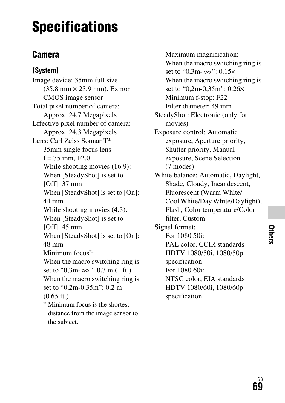 Specifications, Camera | Sony DSC-RX1R User Manual | Page 69 / 76