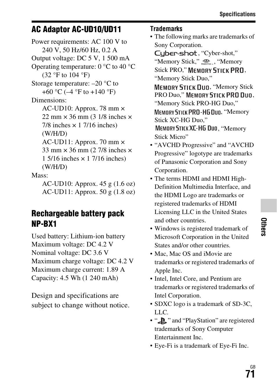 Ac adaptor ac-ud10/ud11, Rechargeable battery pack np-bx1 | Sony DSC-RX1R User Manual | Page 71 / 76