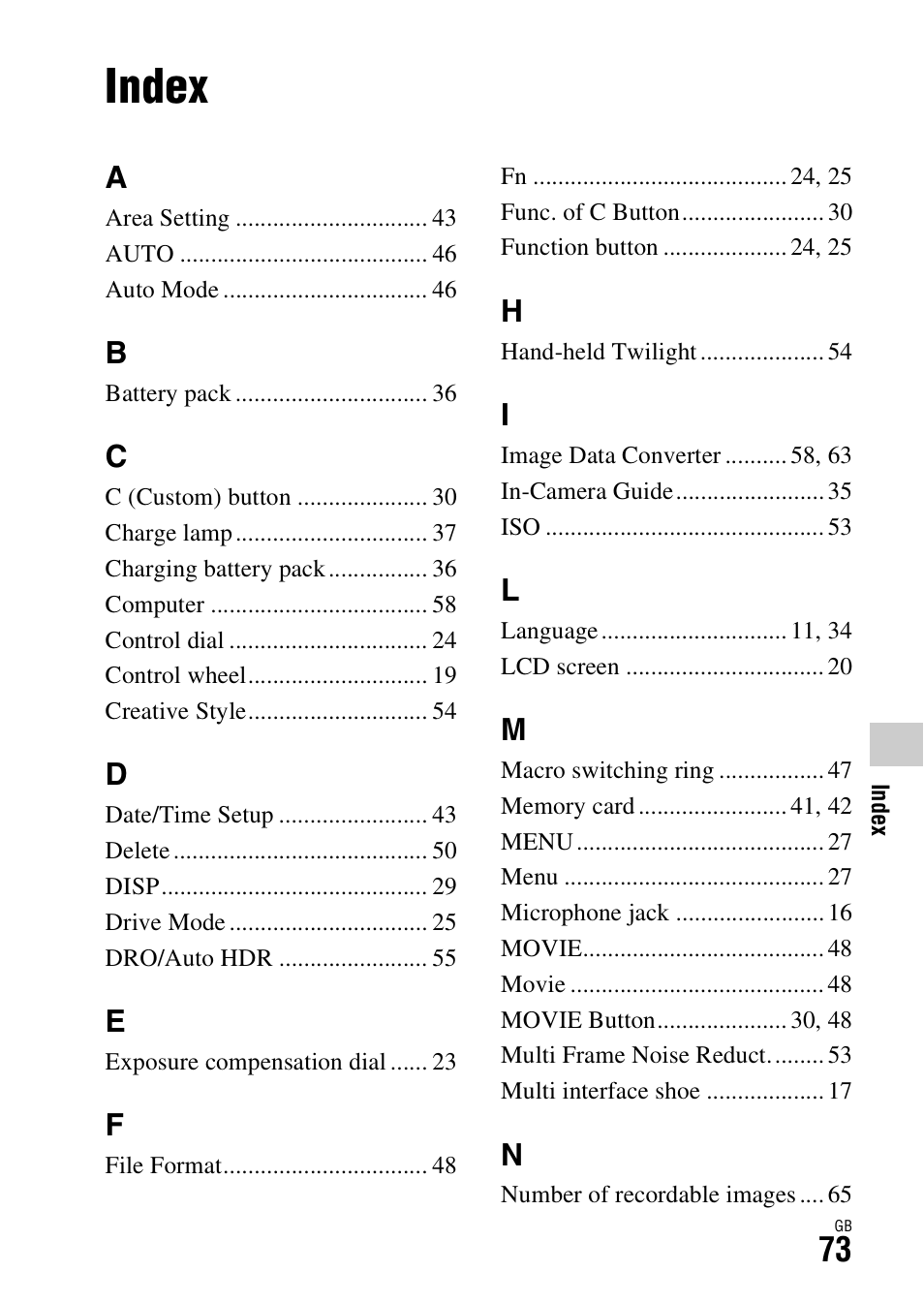 Index | Sony DSC-RX1R User Manual | Page 73 / 76