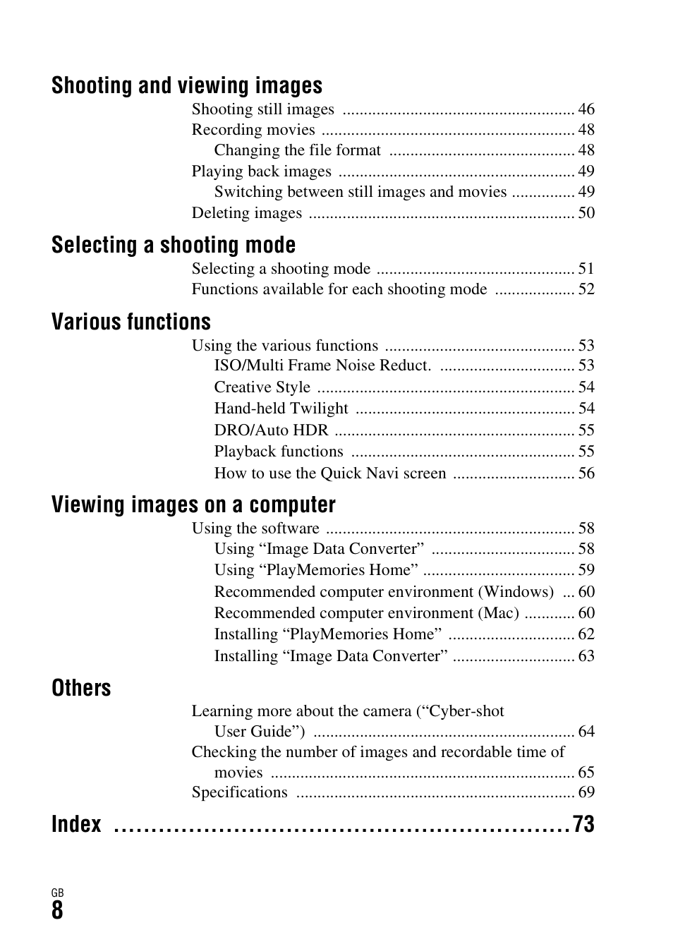 Shooting and viewing images, Selecting a shooting mode, Various functions | Viewing images on a computer, Others, Index | Sony DSC-RX1R User Manual | Page 8 / 76