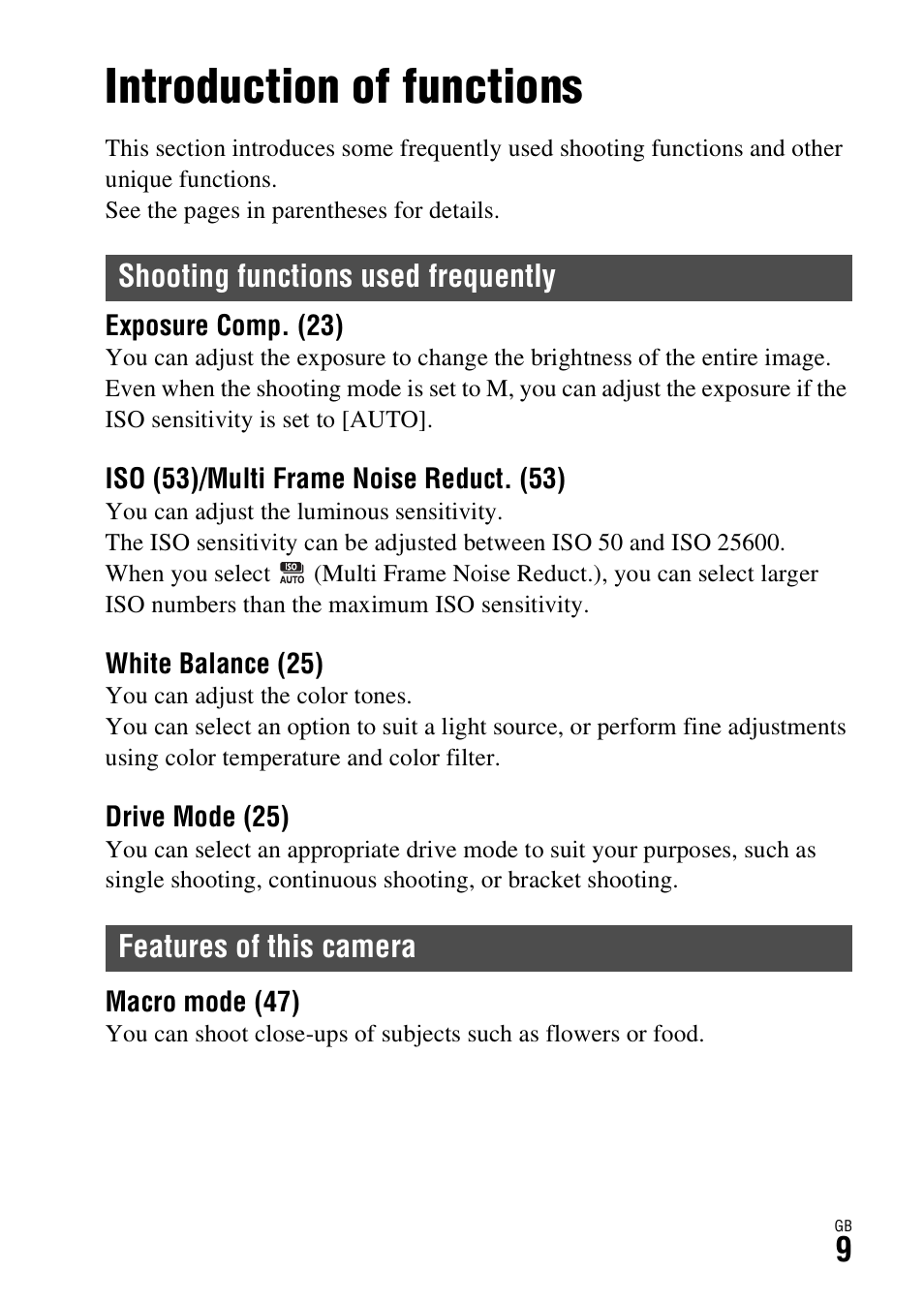 Introduction of functions | Sony DSC-RX1R User Manual | Page 9 / 76