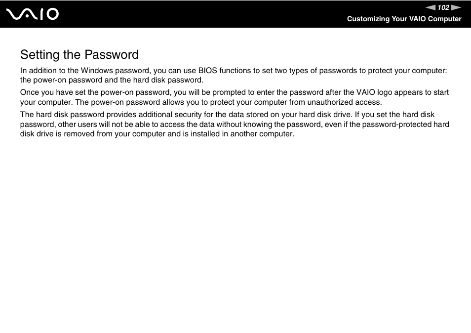 Setting the password | Sony VGN-SR390P User Manual | Page 102 / 217