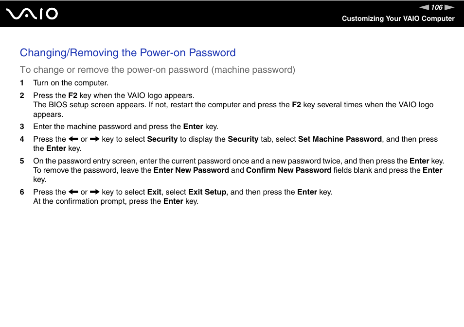 Changing/removing the power-on password | Sony VGN-SR390P User Manual | Page 106 / 217