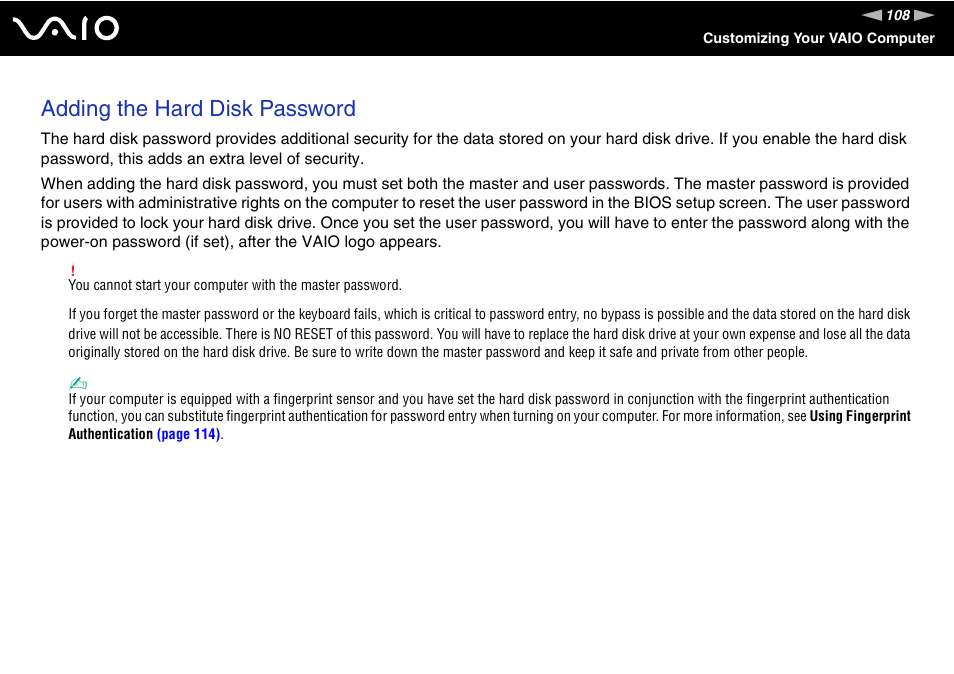 Adding the hard disk password | Sony VGN-SR390P User Manual | Page 108 / 217