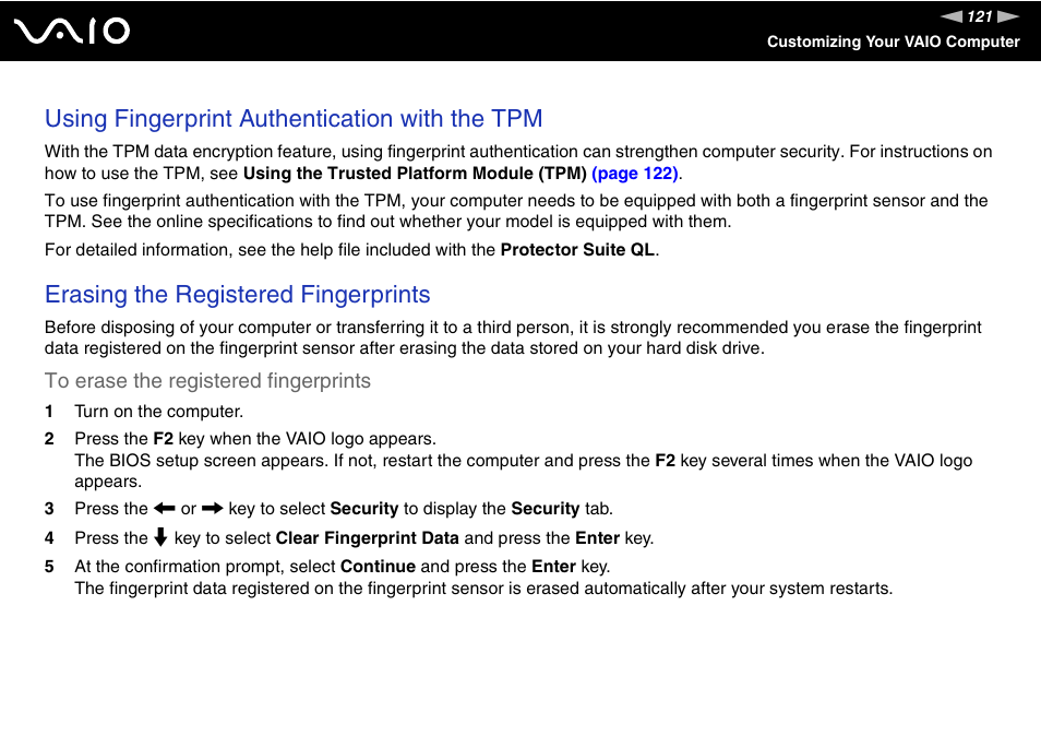 Using fingerprint authentication with the tpm, Erasing the registered fingerprints | Sony VGN-SR390P User Manual | Page 121 / 217