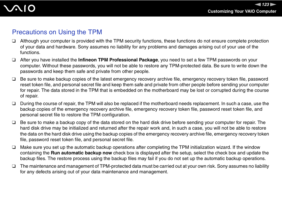 Precautions on using the tpm | Sony VGN-SR390P User Manual | Page 123 / 217