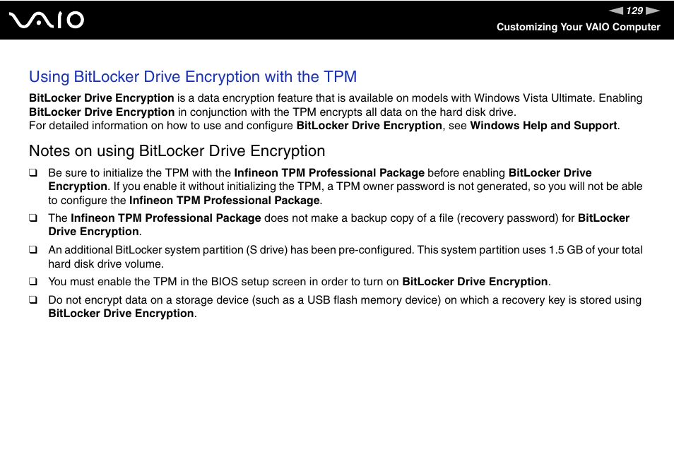 Using bitlocker drive encryption with the tpm | Sony VGN-SR390P User Manual | Page 129 / 217