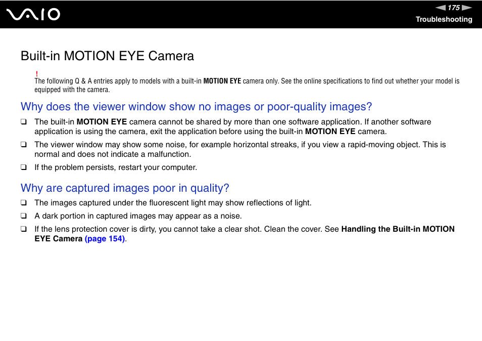 Built-in motion eye camera, Why are captured images poor in quality | Sony VGN-SR390P User Manual | Page 175 / 217