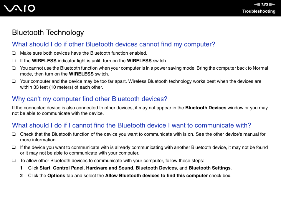 Bluetooth technology, Why can't my computer find other bluetooth devices | Sony VGN-SR390P User Manual | Page 183 / 217