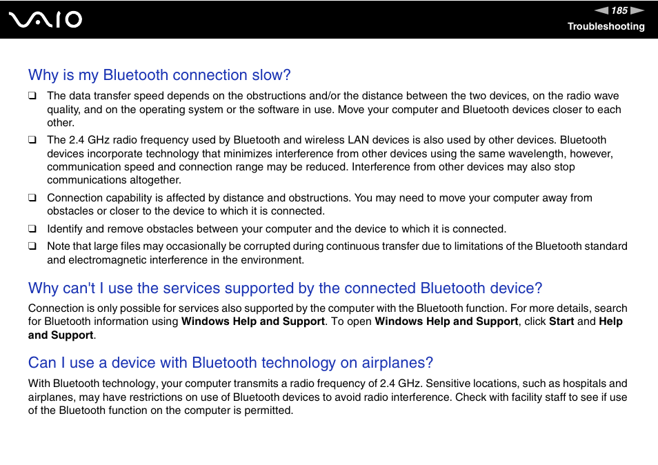 Why is my bluetooth connection slow | Sony VGN-SR390P User Manual | Page 185 / 217