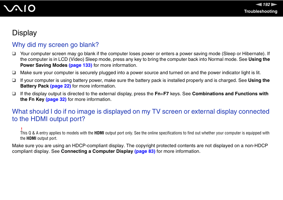 Display, Why did my screen go blank | Sony VGN-SR390P User Manual | Page 192 / 217