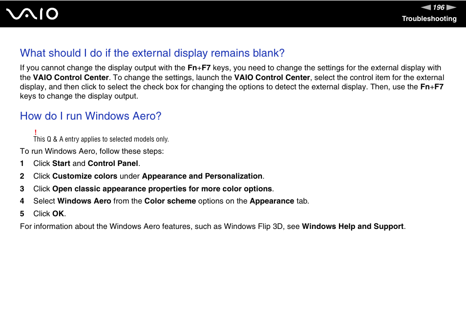 How do i run windows aero | Sony VGN-SR390P User Manual | Page 196 / 217