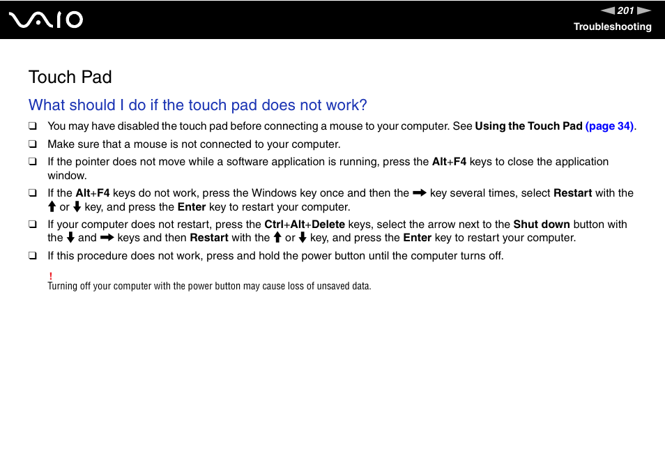 Touch pad, What should i do if the touch pad does not work | Sony VGN-SR390P User Manual | Page 201 / 217