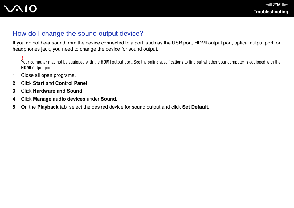 How do i change the sound output device | Sony VGN-SR390P User Manual | Page 205 / 217