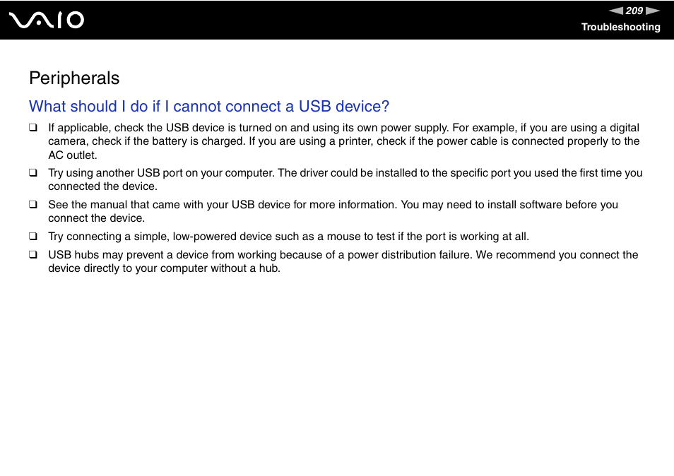 Peripherals, What should i do if i cannot connect a usb device | Sony VGN-SR390P User Manual | Page 209 / 217