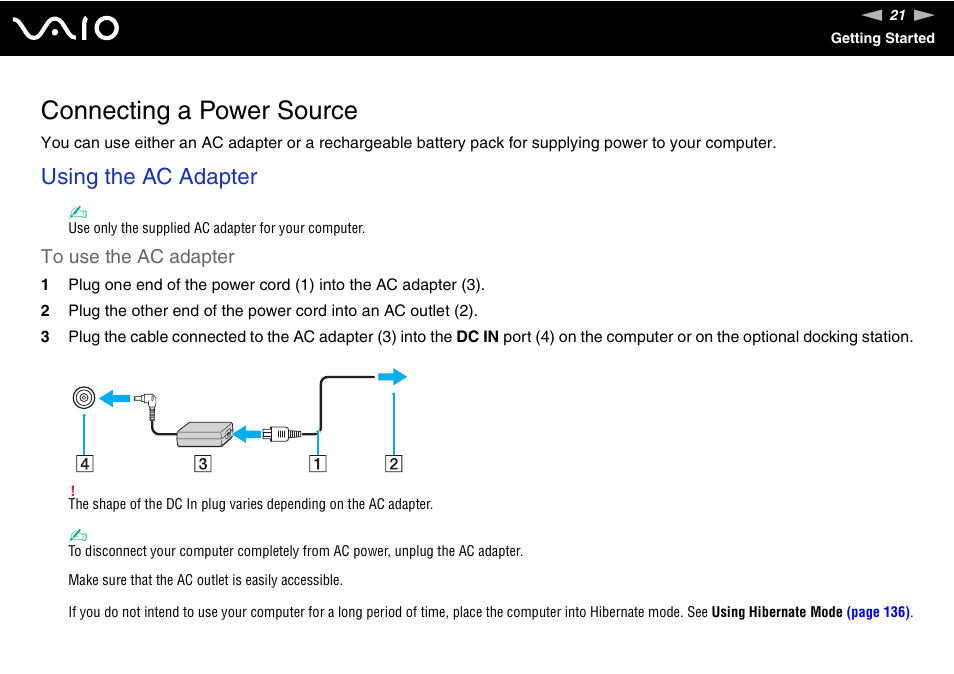 Connecting a power source, Using the ac adapter | Sony VGN-SR390P User Manual | Page 21 / 217