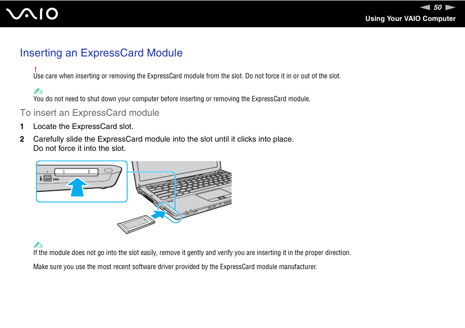 Inserting an expresscard module | Sony VGN-SR390P User Manual | Page 50 / 217