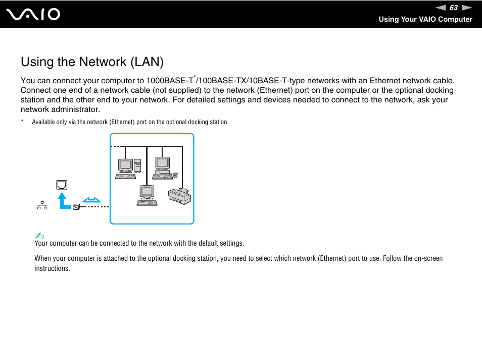 Using the network (lan) | Sony VGN-SR390P User Manual | Page 63 / 217