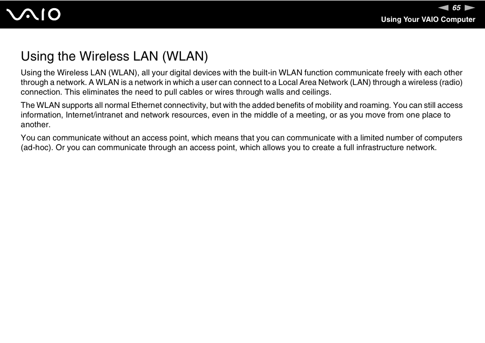 Using the wireless lan (wlan) | Sony VGN-SR390P User Manual | Page 65 / 217