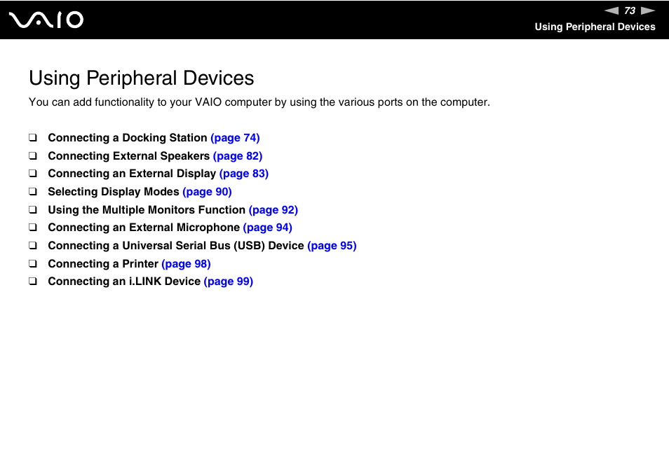 Using peripheral devices | Sony VGN-SR390P User Manual | Page 73 / 217