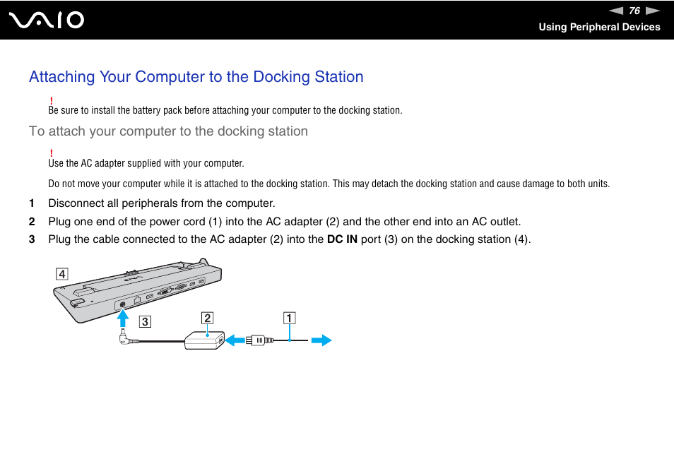 Attaching your computer to the docking station | Sony VGN-SR390P User Manual | Page 76 / 217