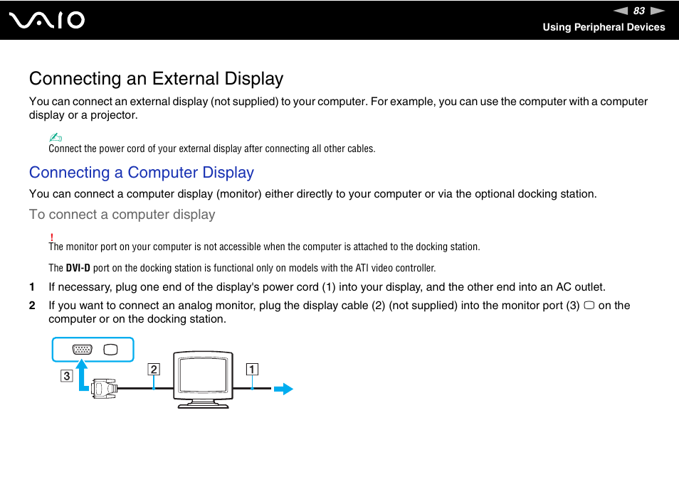 Connecting an external display, Connecting a computer display | Sony VGN-SR390P User Manual | Page 83 / 217