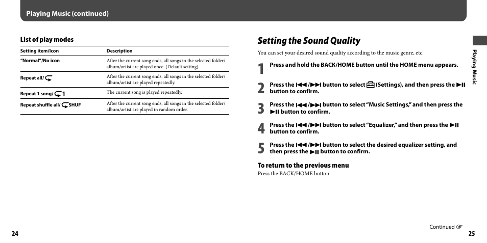 Setting the sound quality, 24). i | Sony NWZ-B103FBLK User Manual | Page 13 / 36