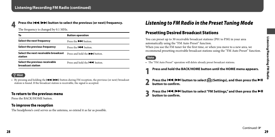 Listening to fm radio in the preset tuning mode, Presetting desired broadcast stations | Sony NWZ-B103FBLK User Manual | Page 15 / 36