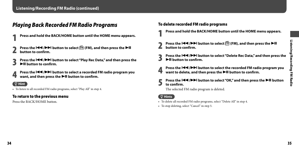 Playing back recorded fm radio programs | Sony NWZ-B103FBLK User Manual | Page 18 / 36