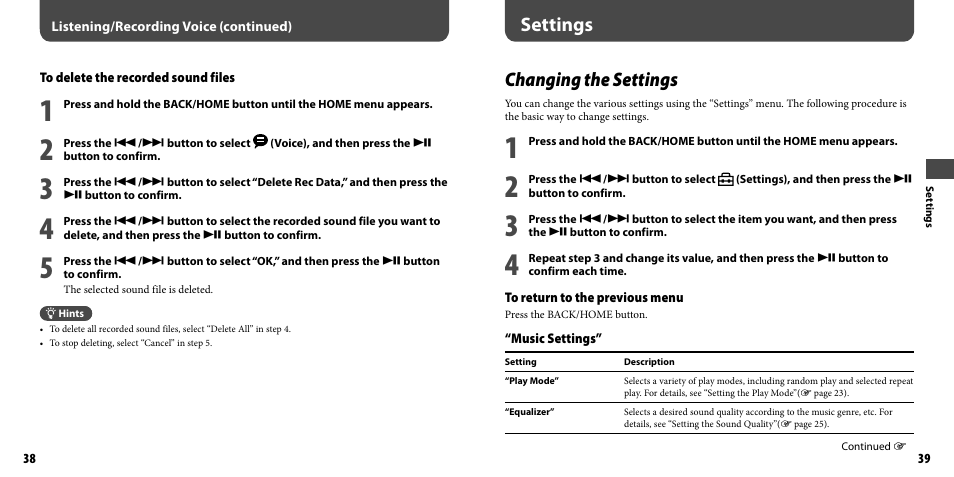 Settings, Changing the settings | Sony NWZ-B103FBLK User Manual | Page 20 / 36