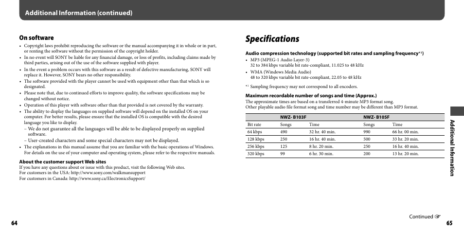 Specifications, 65). c, On software | Additional information (continued) | Sony NWZ-B103FBLK User Manual | Page 33 / 36