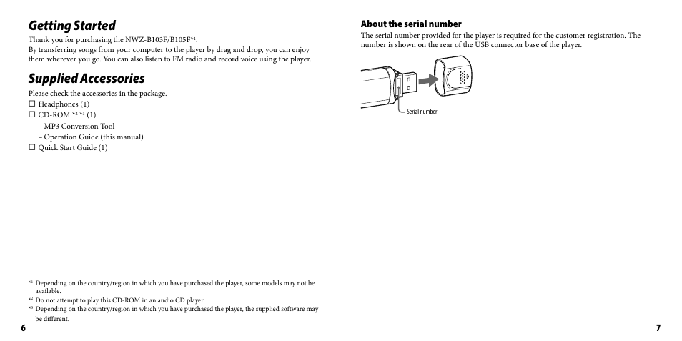 Getting started, Supplied accessories, Getting started supplied accessories | About the serial number | Sony NWZ-B103FBLK User Manual | Page 4 / 36