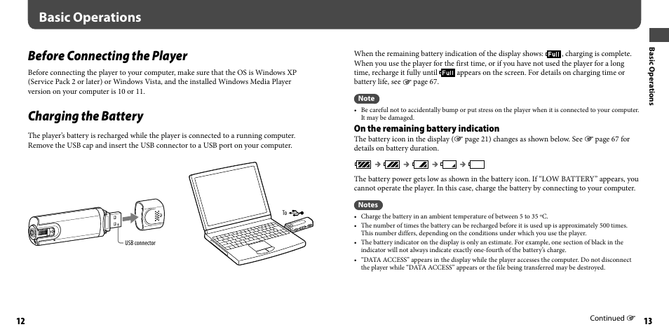 Basic operations, Before connecting the player, Charging the battery | Before connecting the player charging the battery, On the remaining battery indication | Sony NWZ-B103FBLK User Manual | Page 7 / 36