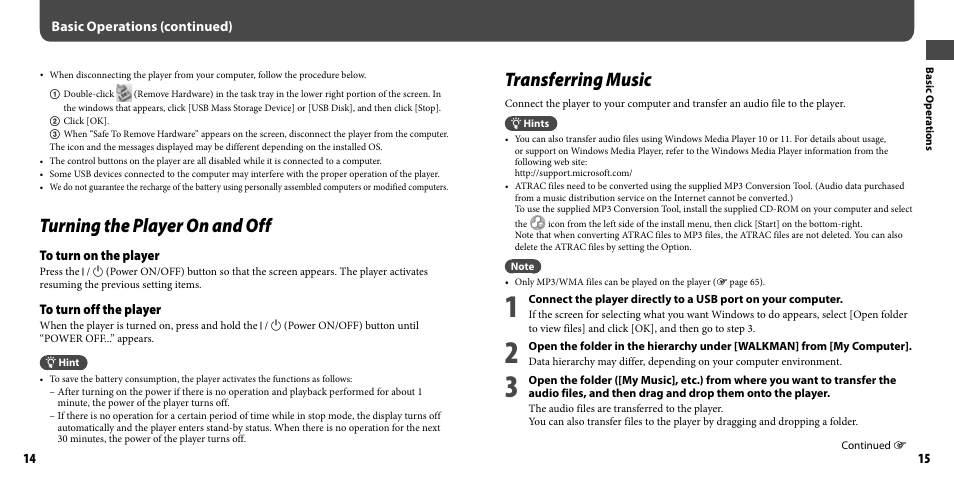 Turning the player on and off, Transferring music, Turning the player on and off transferring music | Sony NWZ-B103FBLK User Manual | Page 8 / 36