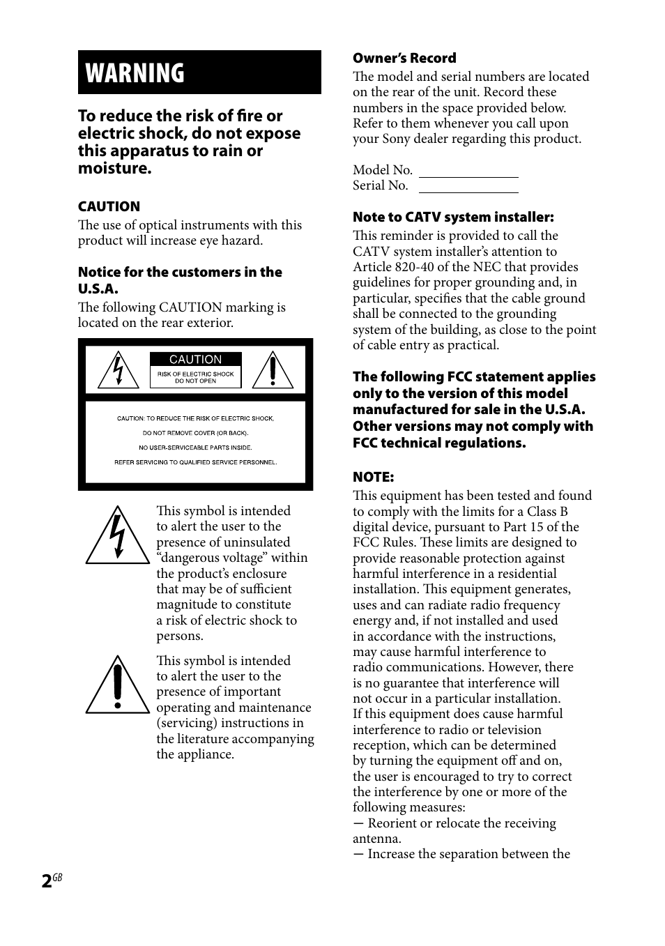 Warning | Sony CMT-BX50BTi User Manual | Page 2 / 44