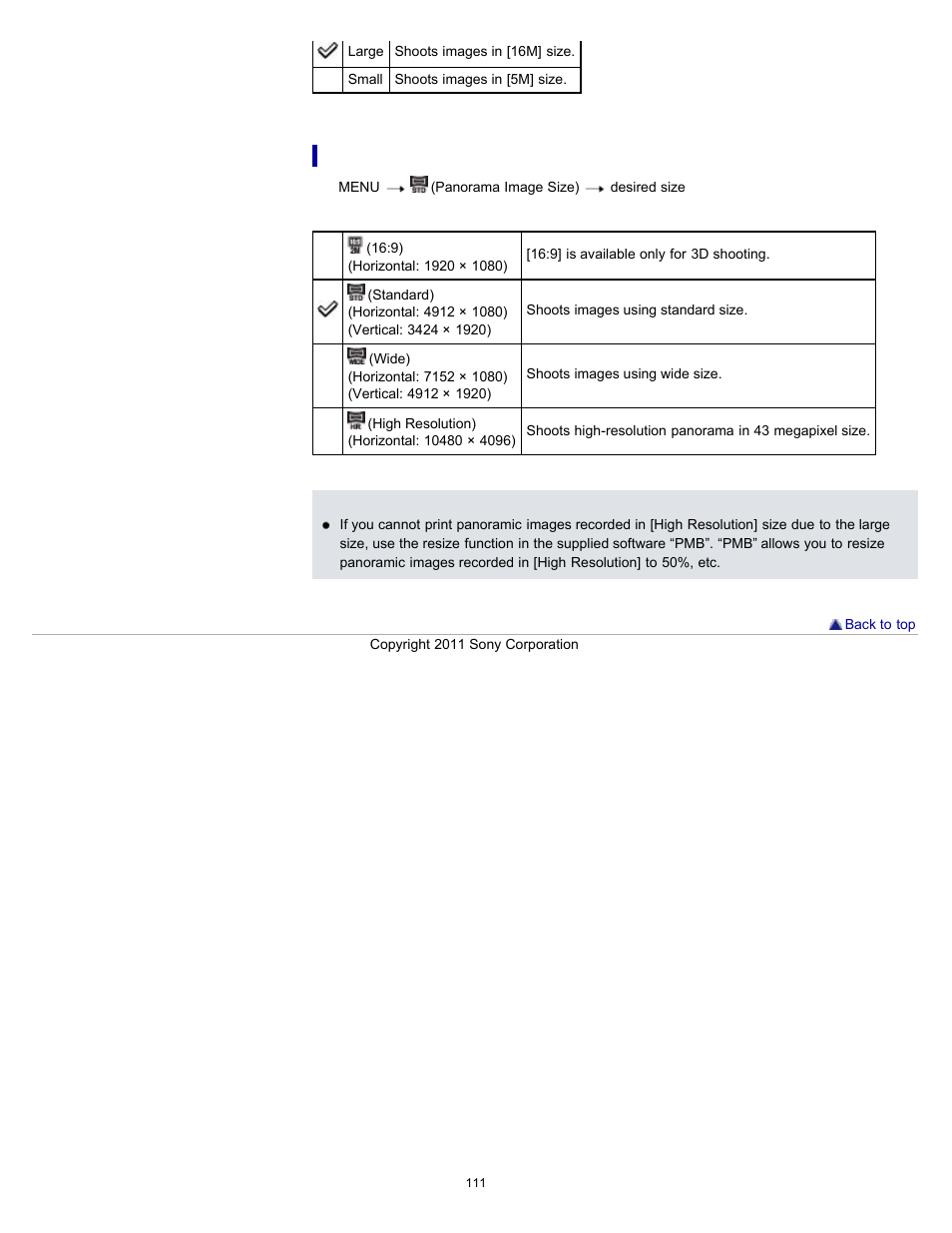 Image size when shooting sweep panorama | Sony DSC-WX10 User Manual | Page 111 / 266