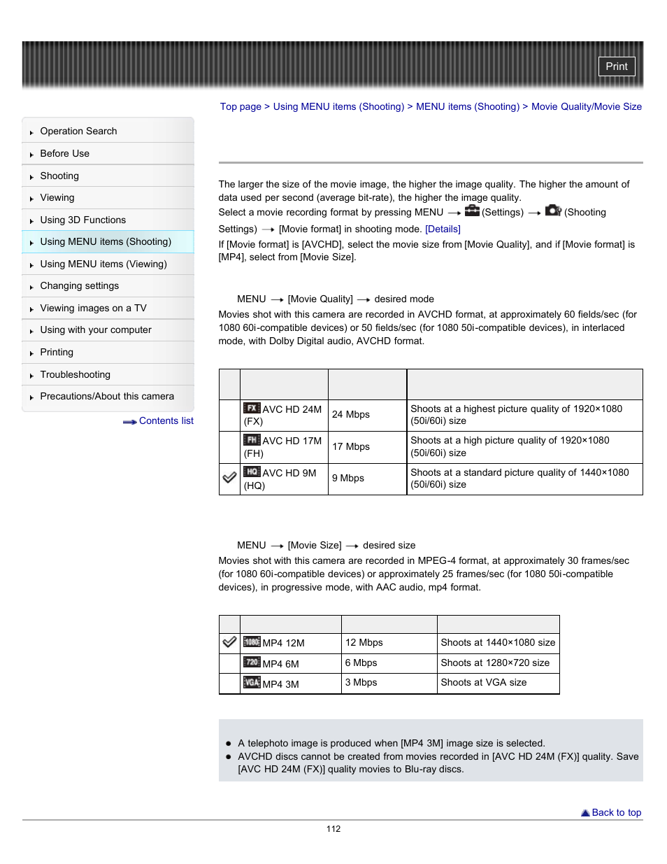 Movie quality/movie size | Sony DSC-WX10 User Manual | Page 112 / 266