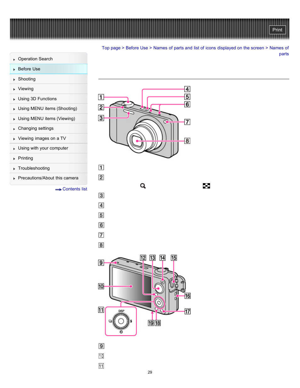 Names of parts | Sony DSC-WX10 User Manual | Page 29 / 266