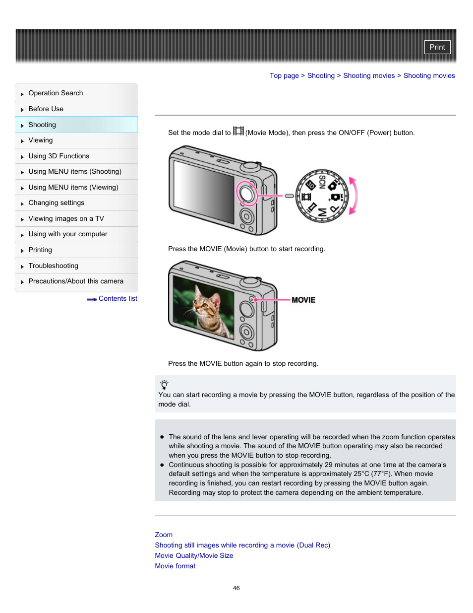 Shooting movies | Sony DSC-WX10 User Manual | Page 46 / 266
