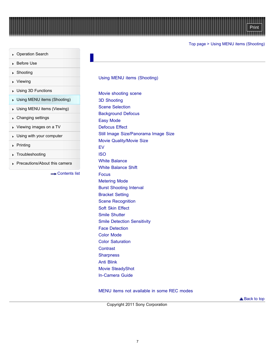 Using menu items (shooting) | Sony DSC-WX10 User Manual | Page 7 / 266
