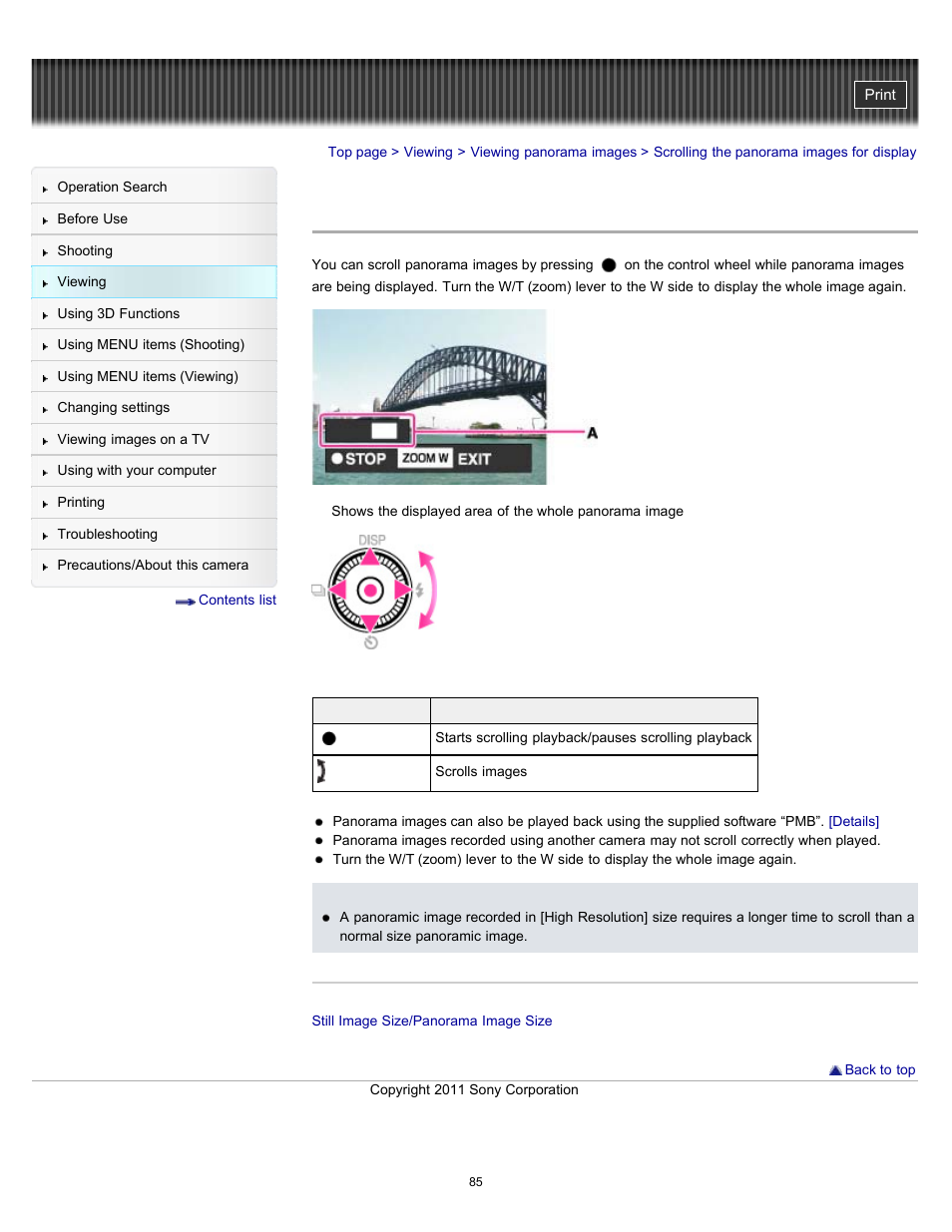 Scrolling the panorama images for display | Sony DSC-WX10 User Manual | Page 85 / 266