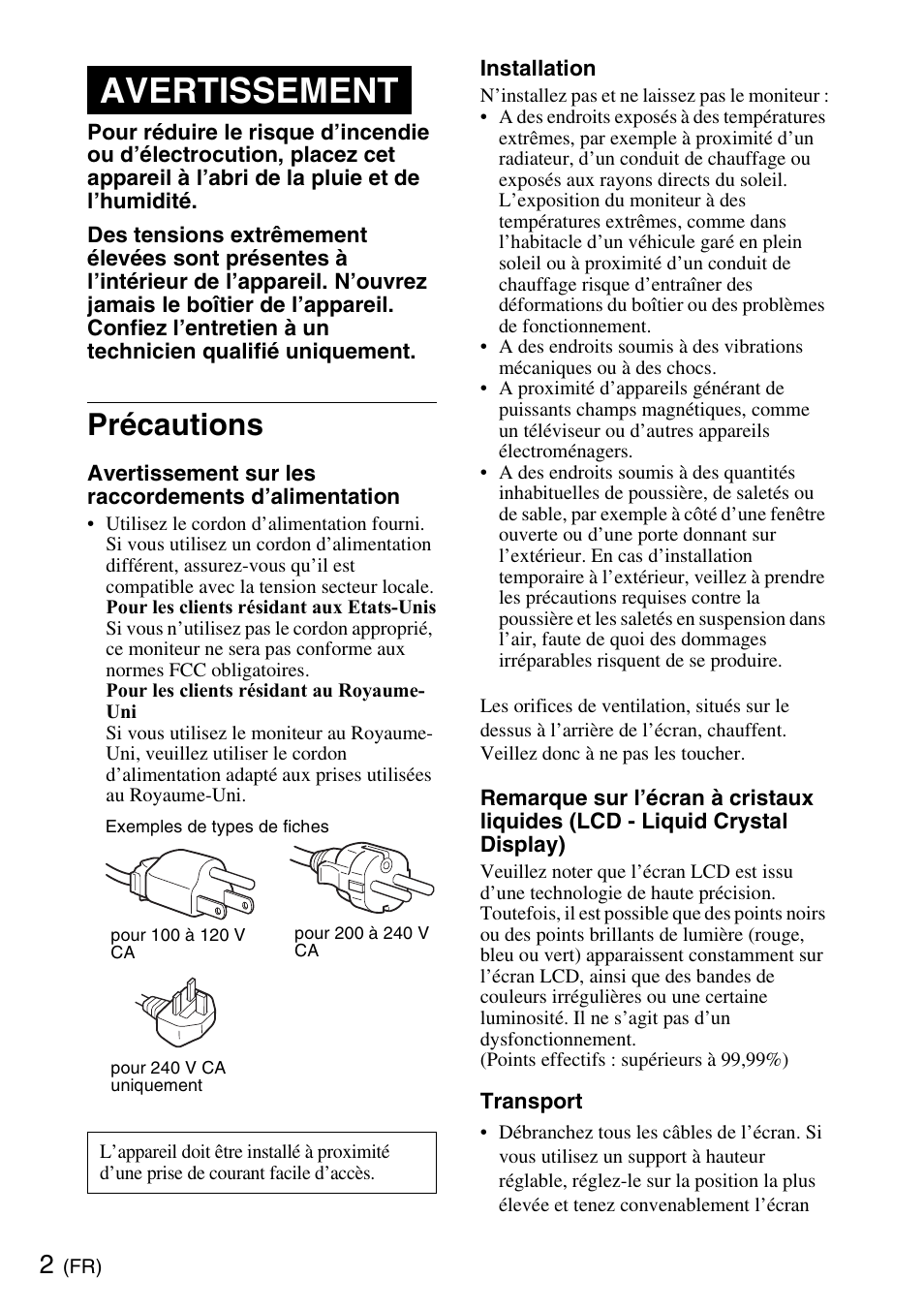 Précautions, Avertissement | Sony SDM-X95KB User Manual | Page 12 / 44