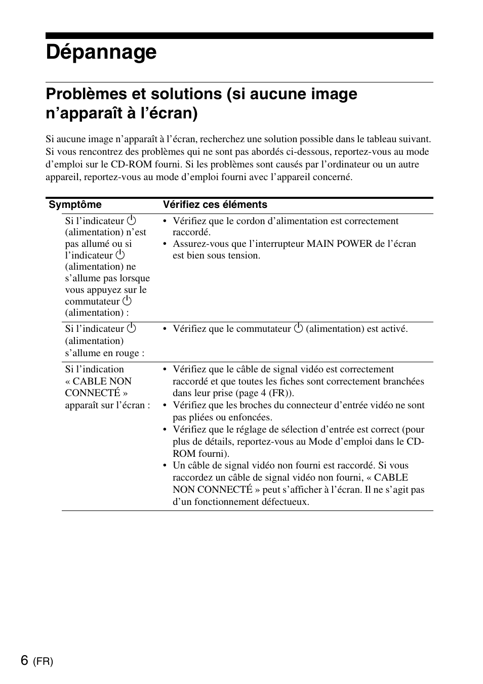 Dépannage, Dépannage (fr) | Sony SDM-X95KB User Manual | Page 16 / 44