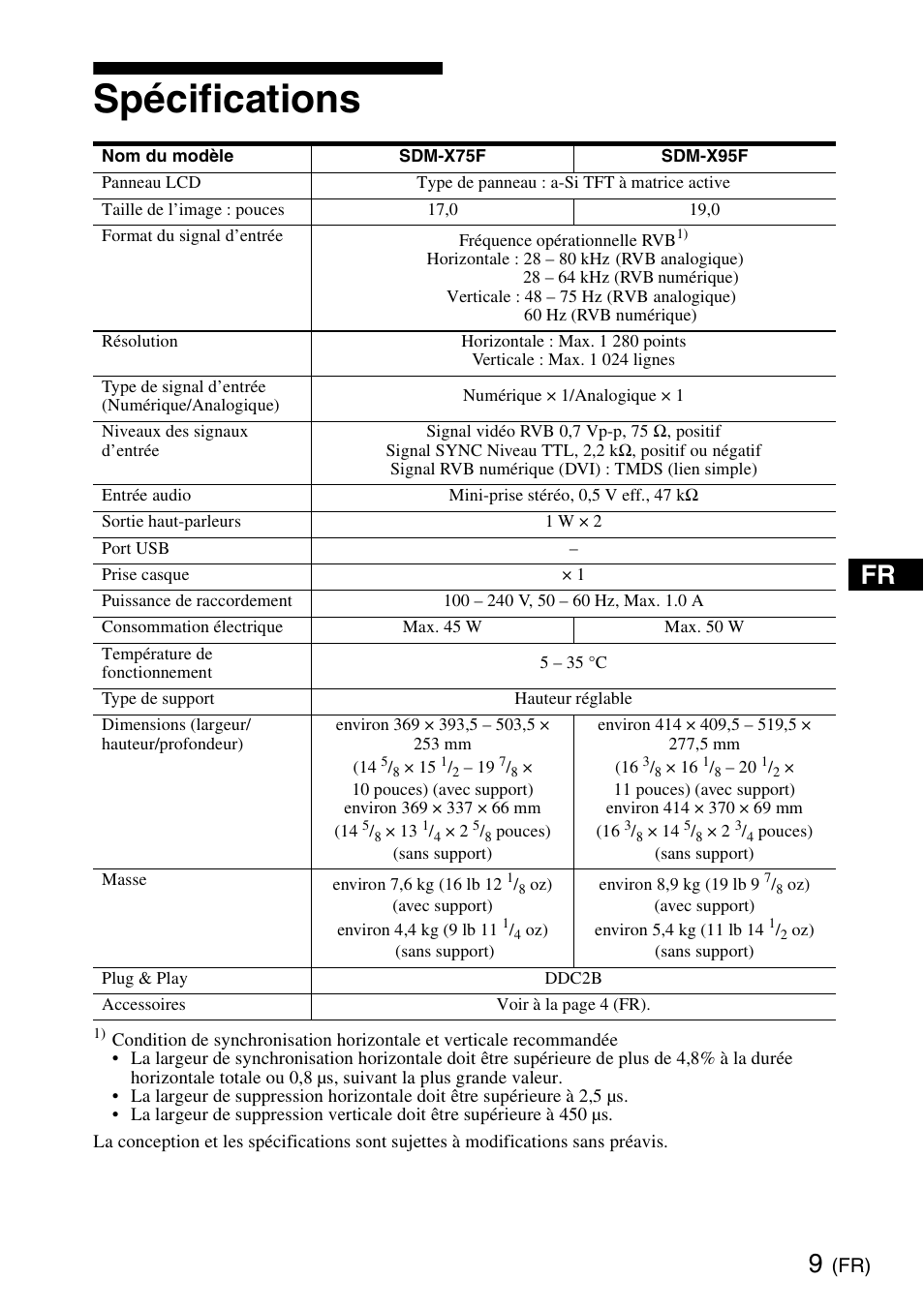 Spécifications | Sony SDM-X95KB User Manual | Page 19 / 44