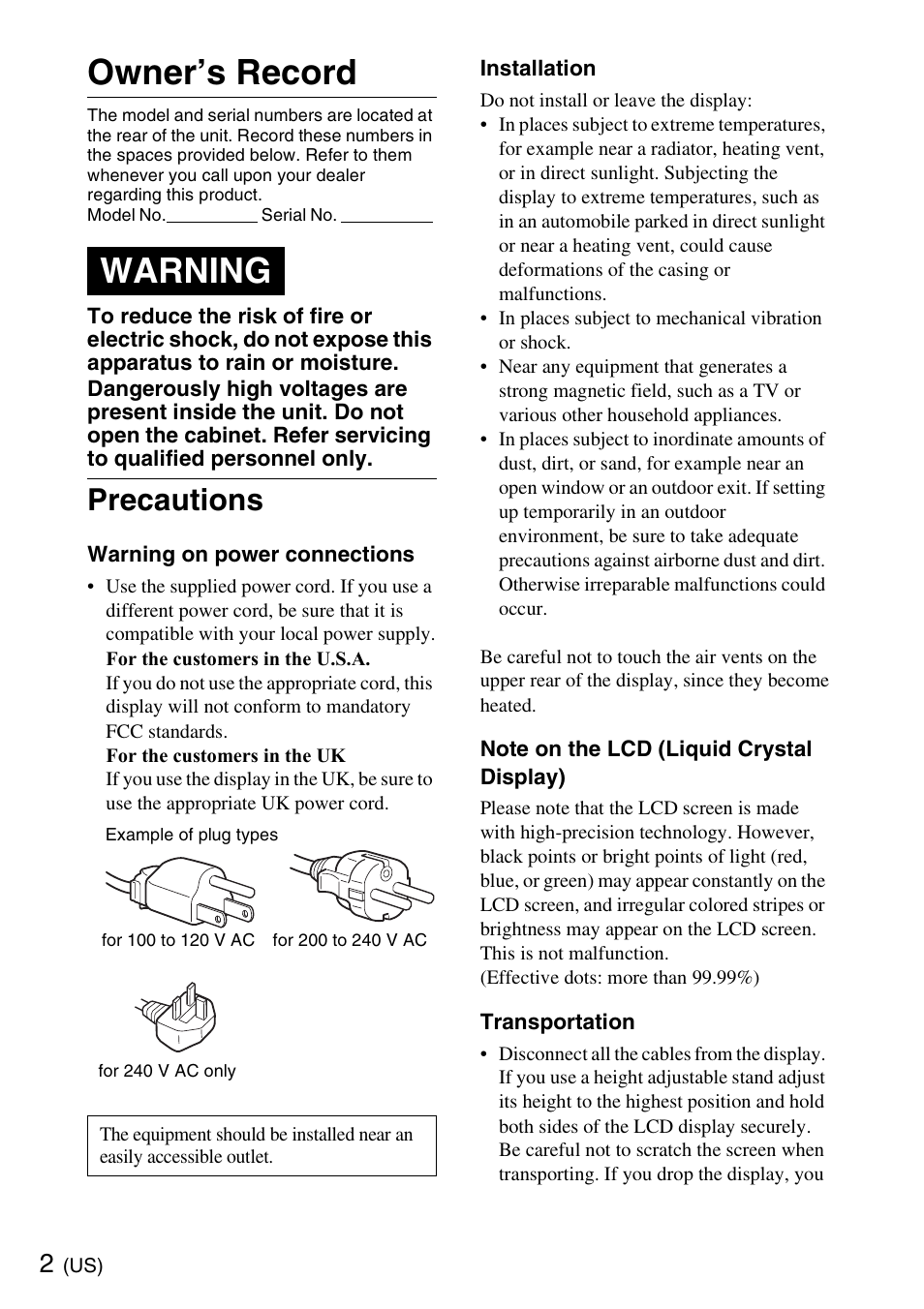 Precautions, Owner’s record, Warning | Sony SDM-X95KB User Manual | Page 2 / 44