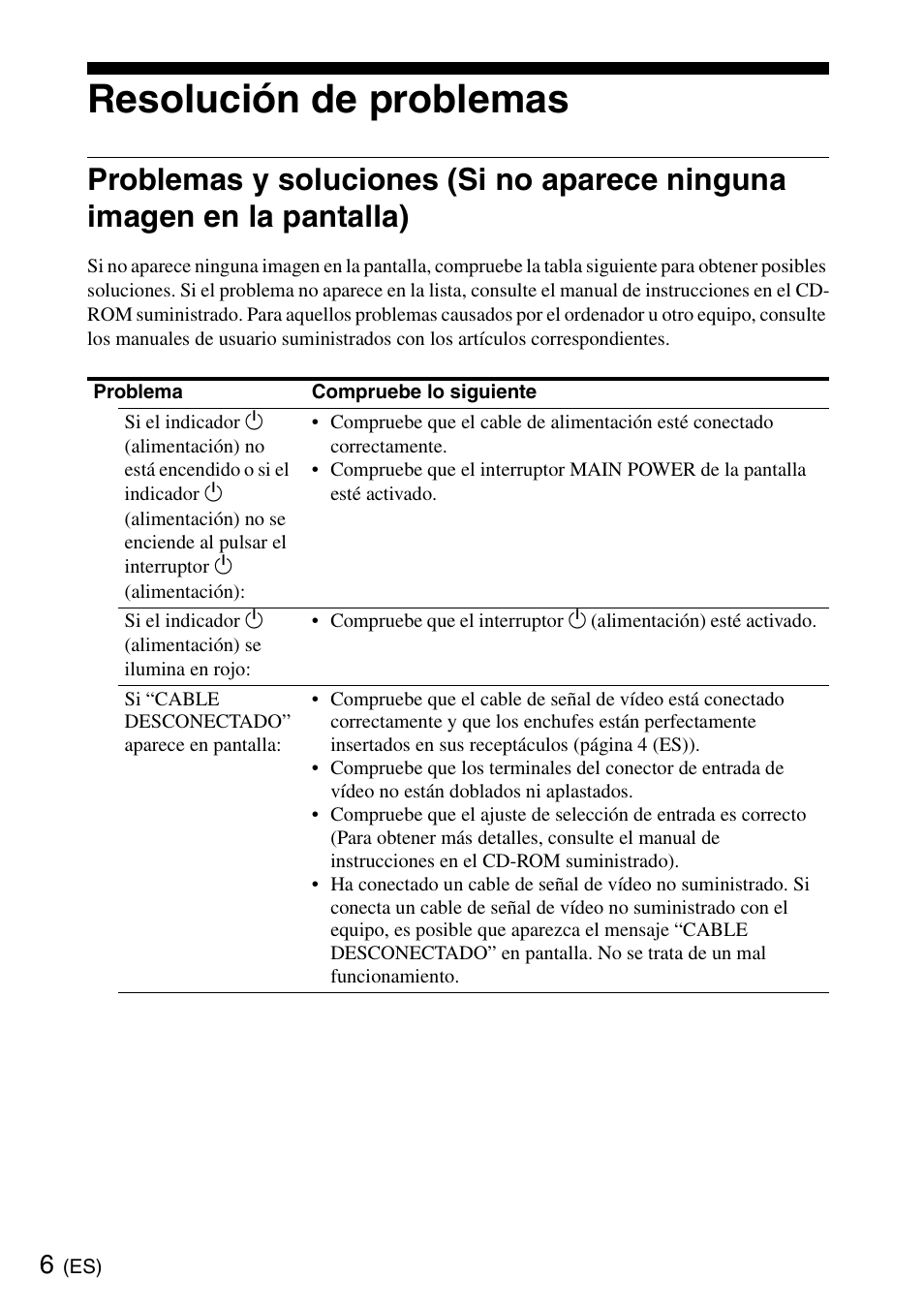 Resolución de problemas, Resolución de problemas (es) | Sony SDM-X95KB User Manual | Page 26 / 44