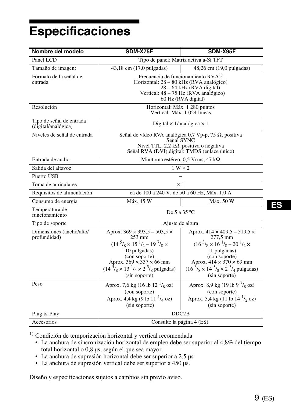 Especificaciones | Sony SDM-X95KB User Manual | Page 29 / 44